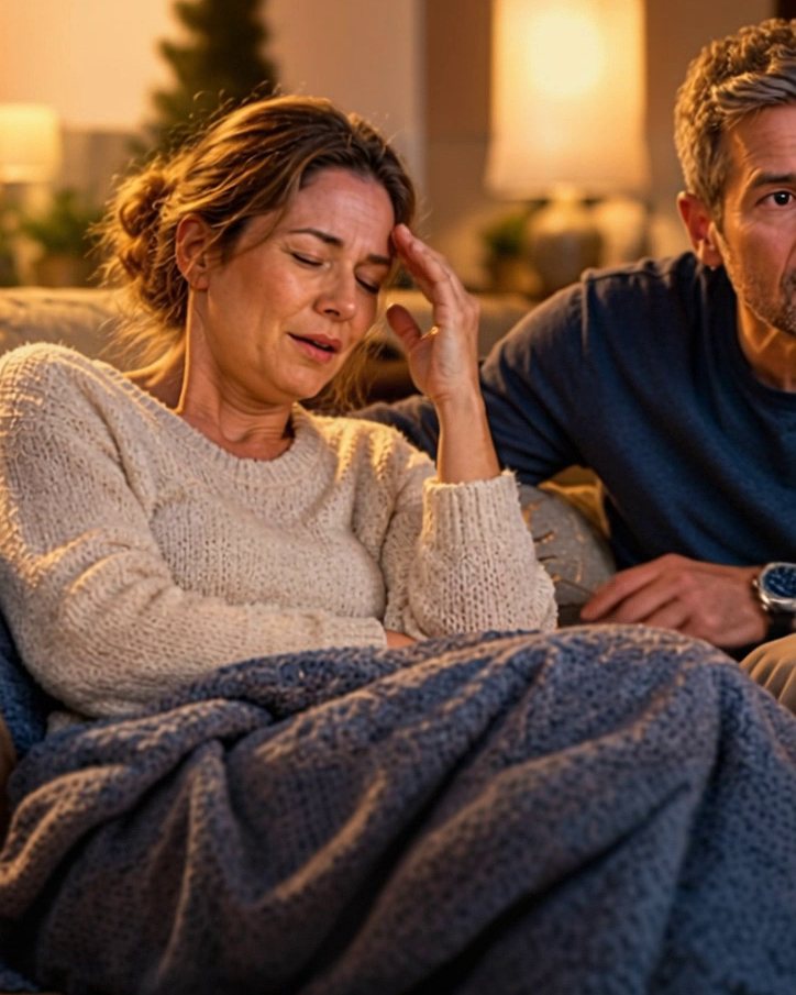A tired woman on the sofa holding her forehead while her husband looks at her with concern