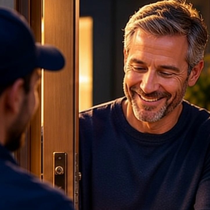A smiling man receiving a delivery box at his front door