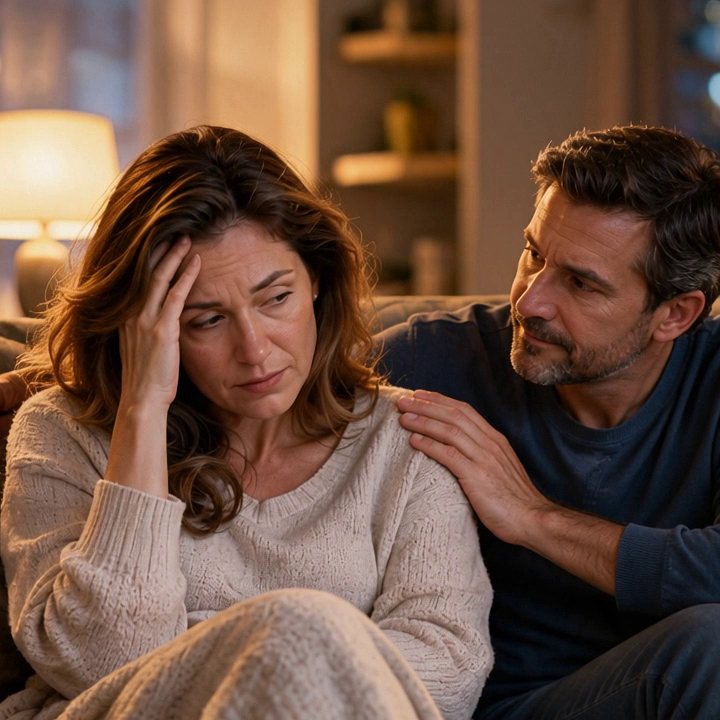 A husband with his hand on his wife's shoulder, comforting her