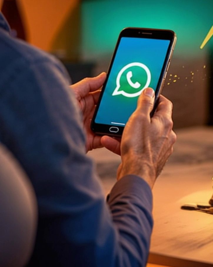 Hands holding a phone with a chat app open